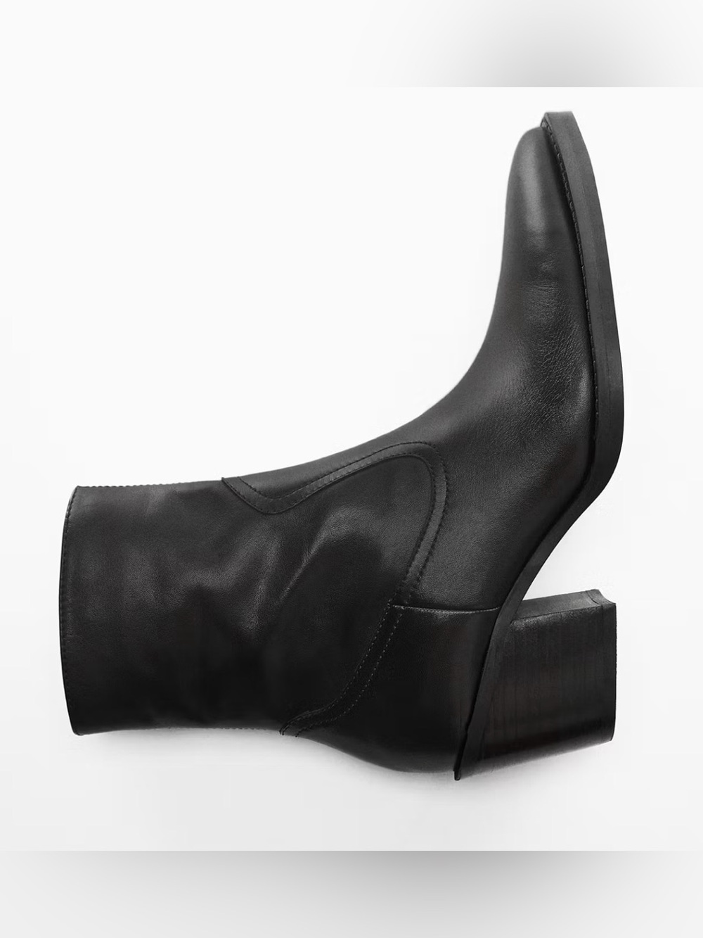 Mango Black Pointed Toe Western Style Leather Ankle Boots with Block Heel 8.5 US